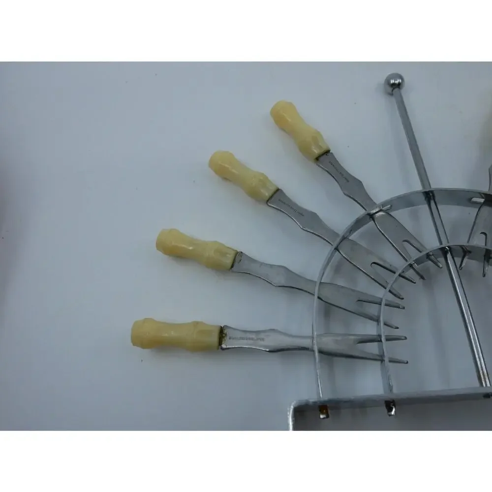 2 Vintage Cocktail Forks Beige Plastic Bamboo Tiki Style & Holder